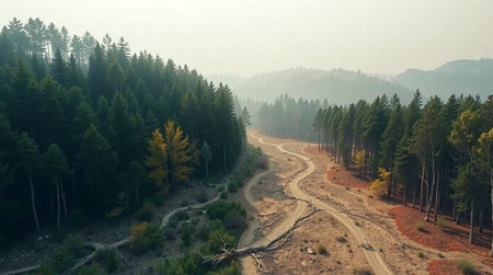 Aerial view of a dirt road in the middle of the forest.
