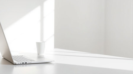 Laptop and coffee cup on white desk with shadow from window.