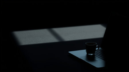 Laptop with a cup of coffee on a black table in the dark