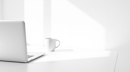 Laptop and coffee cup on a white table. 3d rendering