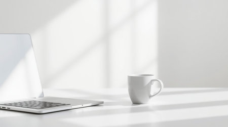 Laptop and coffee cup on white table with shadow from window.の写真素材