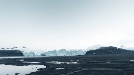 Icelandic landscape with icebergs in black and white tone.