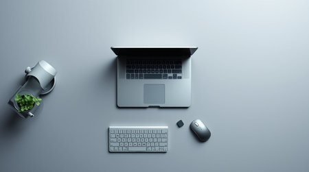 High angle view of a laptop, keyboard and mouse on a gray background