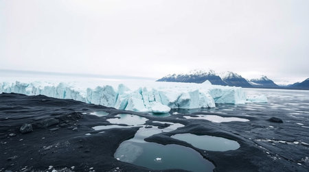Antarctic landscape with icebergs and ice floes in the ocean