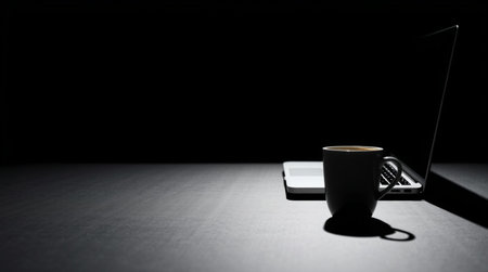 Laptop and cup of coffee on dark background. Copy space.