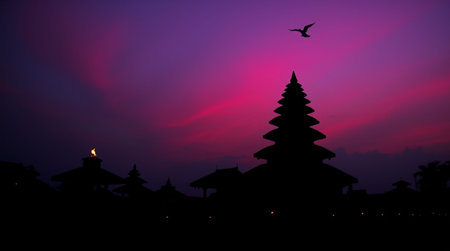 Silhouette of Hindu temple in Bali island, Indonesia.の写真素材