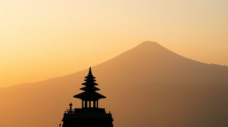 Silhouette of Buddhist pagoda with Mount Fuji in the background