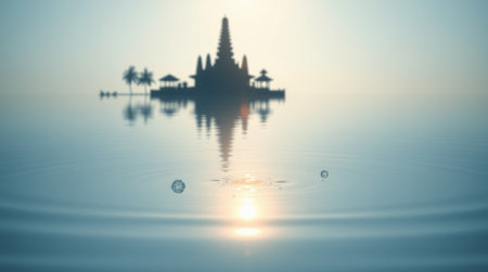 Buddhist temple on the water at sunset. 3d renderingの写真素材