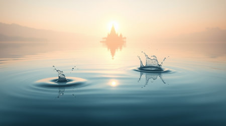 A drop of water falls into the water. The temple in the background.