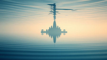 Silhouette of a castle on the water with a reflection.