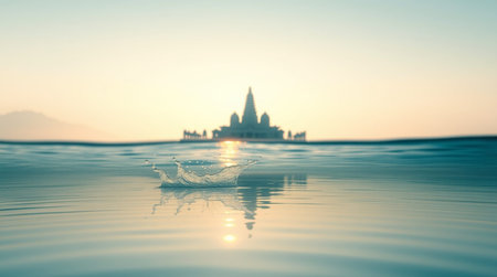 Water drop falling into the water with Hindu temple in the background.の写真素材