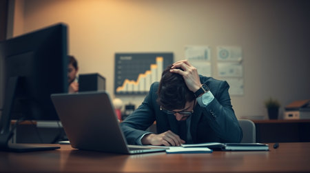Stressed businessman sitting at his desk in front of a computer monitor and thinking