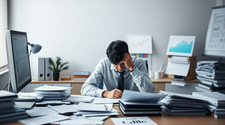 Stressed young businessman sitting at his desk in the office. He is overloaded with work.