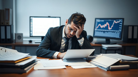 Stressed young businessman sitting at his desk in front of computer monitor.