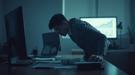 Young businessman working overtime late at night in office. Stressed and exhausted businessman...