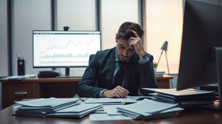 Stressed businessman sitting at his desk in the office and looking at computer monitor