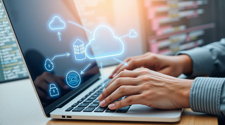 Woman using laptop with cloud computing icon on screen. Cloud computing concept.