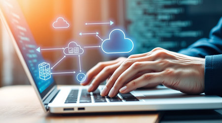Cloud computing concept. Internet and technology. Businessman working with laptop.