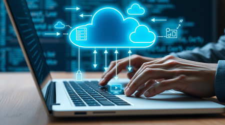 Cloud computing concept with woman working on laptop computer. 3D rendering