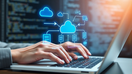 Cloud computing concept with hands typing on laptop keyboard on dark office background