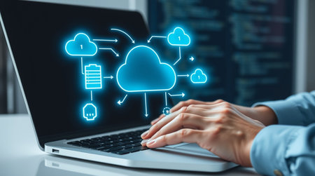 Cloud computing concept with person using a laptop computer. 3d rendering