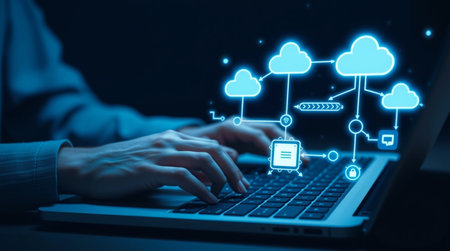 Cloud computing concept. Businessman working on laptop with cloud computing icon.