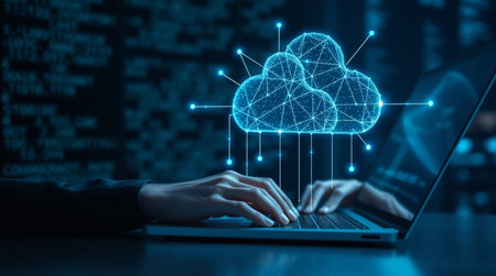 Cloud computing concept. Businessman working on laptop computer. 3D rendering