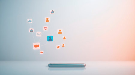 Smartphone with social media icons. Social network concept. 3D Rendering