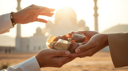 Hands of a woman giving a gift to her son at sunset