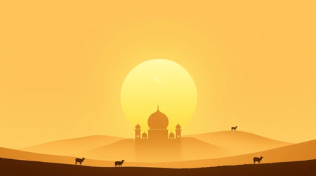 Silhouette of sheep and mosque in the desert at sunset.の写真素材