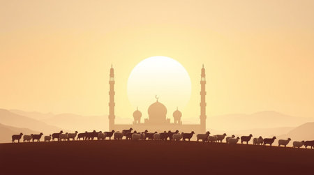 Silhouette of sheep and mosque at sunset. Vector illustration.の写真素材