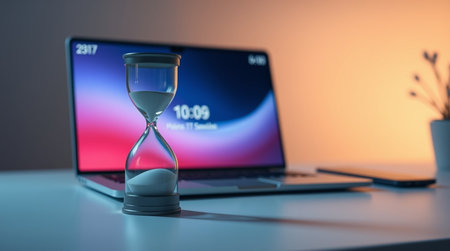Laptop with hourglass on the table. Concept of time managementの写真素材