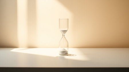Hourglass on white table with sunbeams and shadows on wallの写真素材