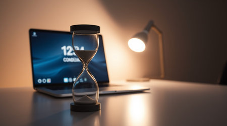 Hourglass and laptop. Time management concept. 3D Renderingの写真素材