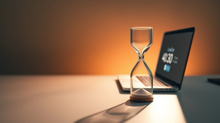 Time passing concept. Laptop and hourglass. 3d rendering