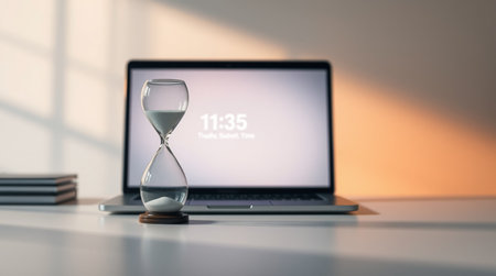 Laptop with hourglass on white table. 3D rendering.