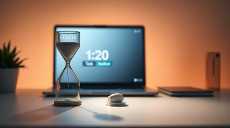 Hourglass and laptop. Time management concept. 3D Rendering