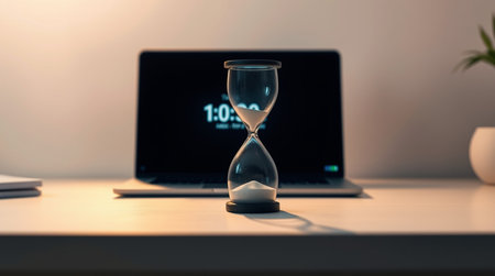 Close up of an hourglass on a desk with a laptop in the background