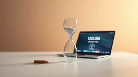 Hourglass on a white table with a laptop. Concept of time management.