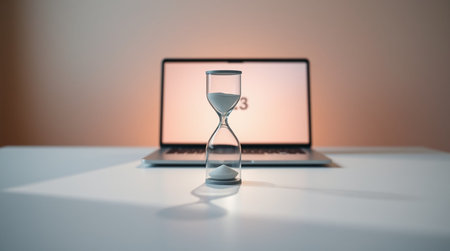 Hourglass in front of a laptop. Conceptual image of time managementの写真素材