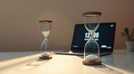 Hourglass and laptop on white table in office. 3D renderingの写真素材