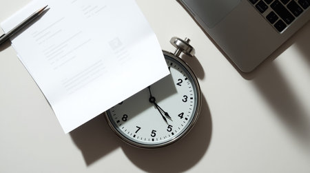 Close up of alarm clock and notebook with pen on white background.