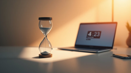Hourglass and laptop on table. Time management concept. 3D Renderingの写真素材