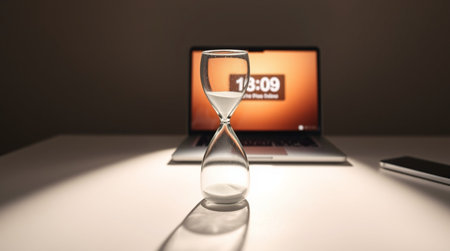 Hourglass on laptop screen. Concept of time passing. 3d renderingの写真素材