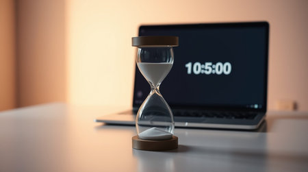 Hourglass on table with laptop. Concept of time management. 3d rendering
