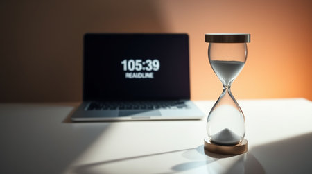 Laptop and hourglass. Concept of time management. 3d rendering