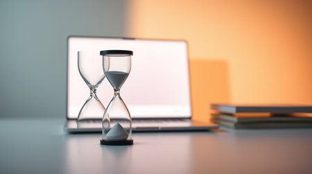Laptop with hourglass on table. Concept of time management.の写真素材