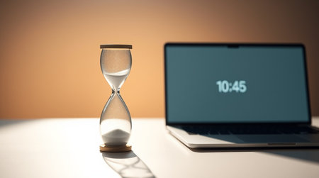 Laptop with hourglass on white table