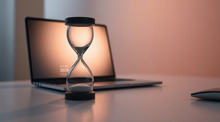 Hourglass and laptop on table. Concept of time management. 3d rendering