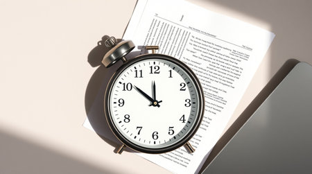 Alarm clock and document on white background. Time management concept.